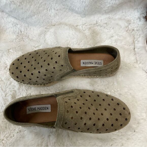 Steve Madden Widmer olive green leather suede perforated platform espadrilles 7B - Picture 13 of 14